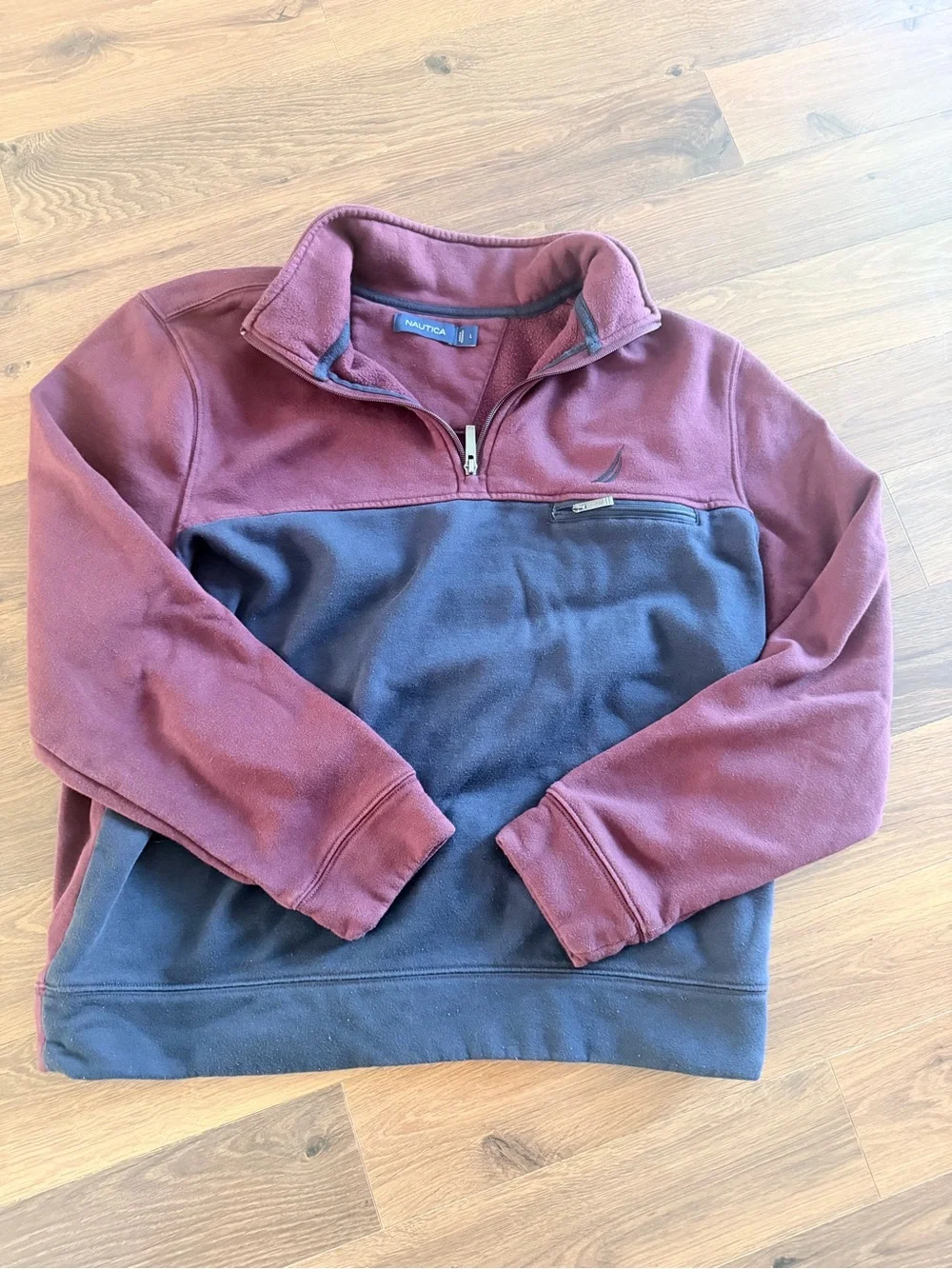 Nautica Men's Two-Tone Burgundy and Navy Quarter-Zip Fleece Pullover
